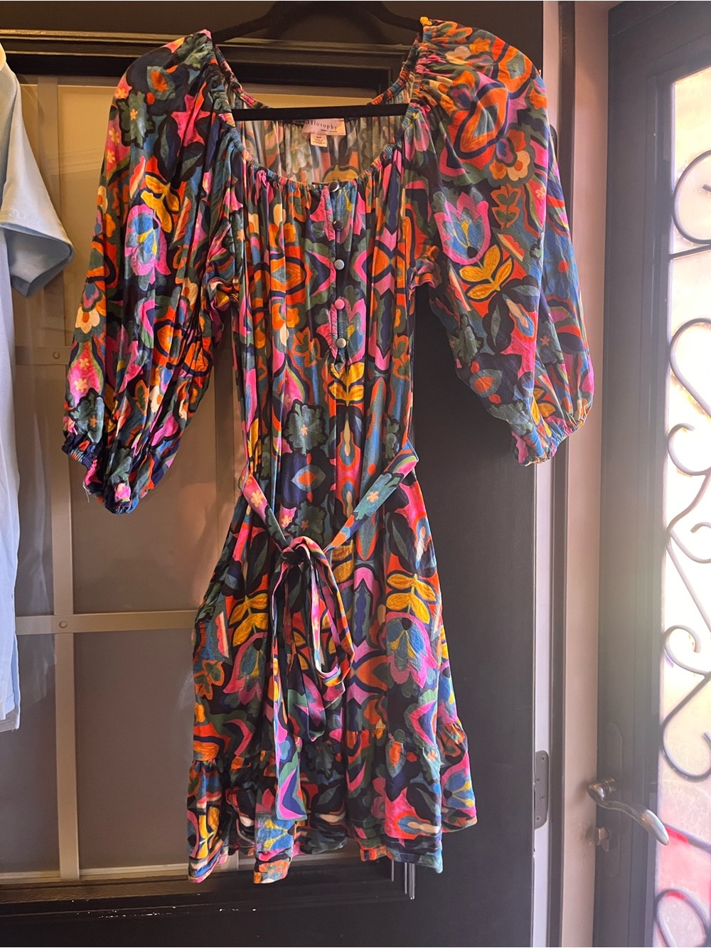 Women’s Philosophy Multicolor Floral Puff-Sleeve Tie-Waist Dress